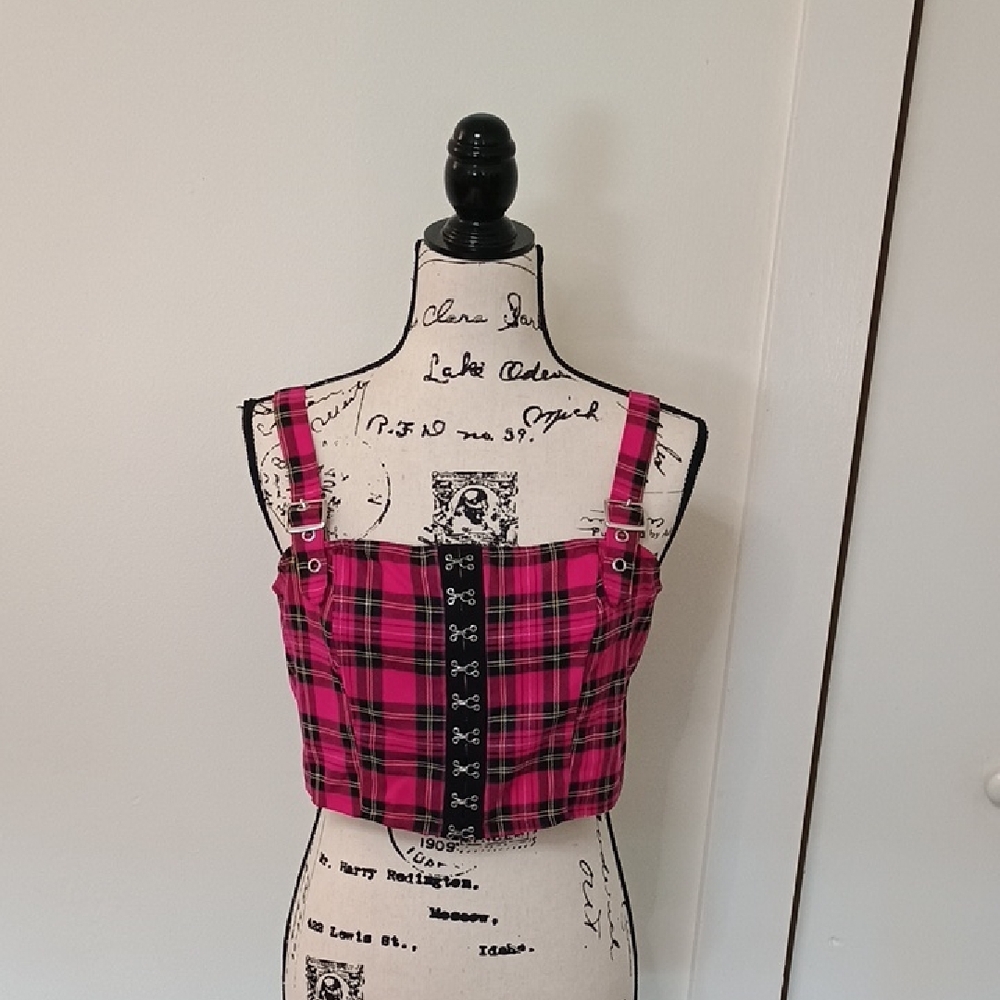 Hot Topic Pink and Black Fitted Crop Bustier Tank Top